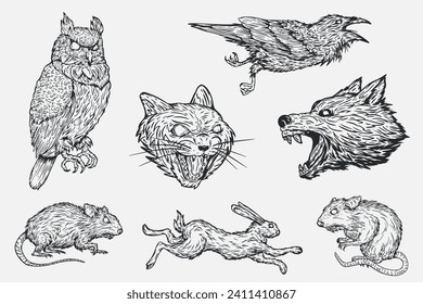 Hand drawn illustration animals and birds in monochrome color isolated white background. Owl, raven, car, wolf, rabbit, rat. Set silhouette character for tattoo, mascot. Vector art elements.