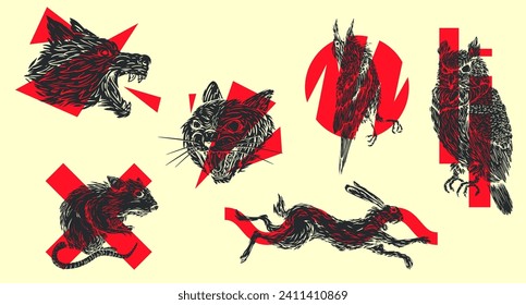 Dibujo a mano animales y aves con formas rojas aislaron el fondo blanco. Lechuza, cuervo, auto, lobo, conejo, rata. Establece el carácter de silueta para el tatuaje, mascota. Elementos de arte vectorial.