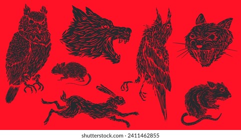 Hand drawn illustration animals and birds in monochrome color isolated red background. Owl, raven, car, wolf, rabbit, rat. Set silhouette character for tattoo, mascot. Vector art elements.