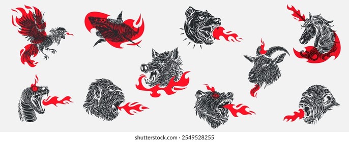 Hand drawn illustration animals and birds with red flames in retro vintage style. Set vector silhouette character for tattoo, mascot. Rooster, shark, dog, goat, unicorn, boar, snake, monkey, bear.