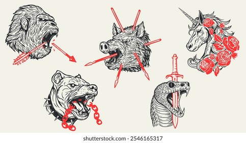 Animales de ilustración dibujados a mano con Elementos rojos aislados de fondo blanco. Gorila, unicornio, perro, serpiente, cerdo. Personaje de la silueta para el tatuaje, mascota. Arte vectorial.