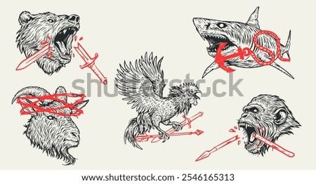 Hand drawn illustration animals with red elements isolated white background. Bear, rooster, shark, goat, monkey. Set silhouette character for tattoo, mascot. Vector art composition.