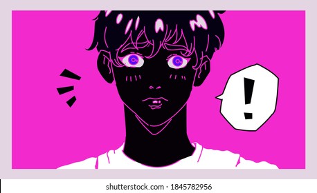 Hand drawn illustration with anime boy, comic strip with speech bubble. Cool trendy print for t-shirt, wall poster, notebook cover.