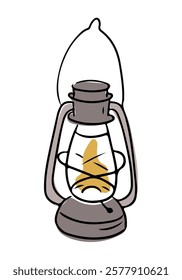 Hand drawn illustration of an antique lantern with a glowing flame inside, showcasing a simple and rustic design, symbolizing vintage charm. Vector doodle drawing isolated white background