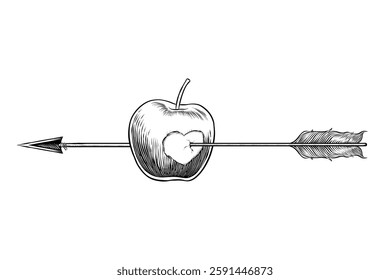 hand drawn illustration of an apple stuck with an arrow, black and white