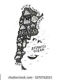 Hand drawn illustration of Argentina. Cartoon map of South America country.