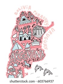 Hand drawn illustration of Argentina. Cartoon map of South America country.