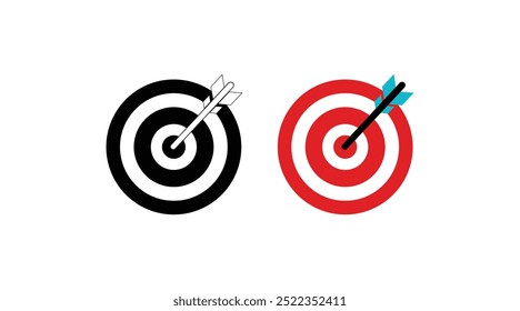 Hand drawn illustration of arrow hit center of target. Flat vector hit the bull's eye in doodle style. Bullseye target icon symbol. Arrow dart targeting market logo sign