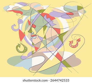 arte de ilustração desenhada à mão em estilo cubista e surrealista sobre pensamentos profundos e girando que gostam de pescar por ideias e criatividade e liberdade como nuvens e gracioso como o movimento de um peixe