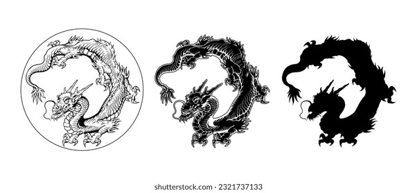 hand drawn illustration of asian dragon in circle shape