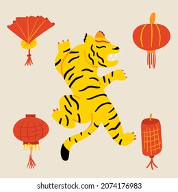 Hand drawn illustration with asian tiger and red lanterns. Vector poster for fabric, textile, packaging, scrapbooking, interior design