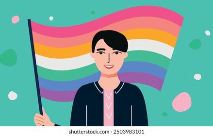 Hand drawn illustration asian transgender lgbt showing rainbow flag