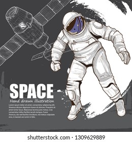 hand drawn illustration of Astronaut. space background with Satellite.