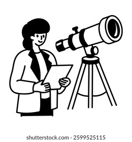 A hand drawn illustration of an astronomer character with large telescope 
