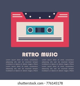 Hand drawn illustration with audiocassette and lettering. Colorful background vector, english text. Poster design Retro music. Decorative musical concept. Wallpaper, good for printing. Flat style