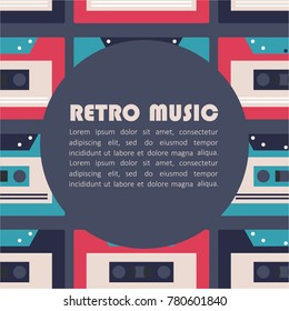 Hand drawn illustration with audiocassettes and lettering. Colorful background vector, english text. Poster design Retro music. Decorative musical concept. Wallpaper, good for printing. Flat style