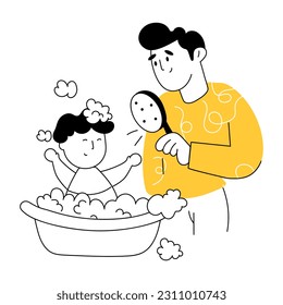 Hand drawn illustration of baby bathing 