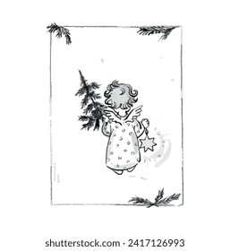 Hand drawn illustration baby with Christmas tree, vintage style. Christmas card design