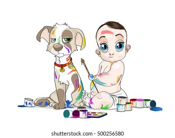 Hand drawn illustration of Baby and his snuffy puppy soiled by paints. Opened colour cans everywhere. - stock vector