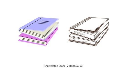 Hand drawn Illustration. Back to School. School essential illustration. Vintage and flat style vector textbooks sketch.