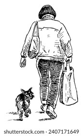 Hand drawn illustration of back view casual passerby city woman walking with small lap dog outdoors and carrying bag