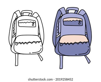 Hand drawn illustration of backpack in blue and light pink color for back to school concept and coloring book. Vector illustration.