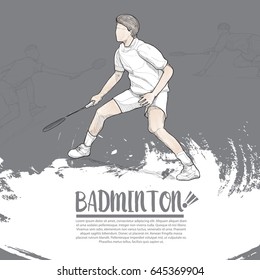 Hand drawn illustration of badminton player on design background