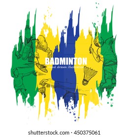 hand drawn illustration of  badminton vector on abstract paint brush stroke background. badminton background. sports tournament.