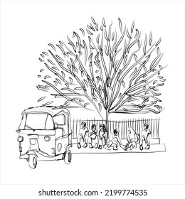 Hand drawn illustration of Bajaj and prospective passengers. Bajaj is a three-wheeled short distance public transportation in the city of Jakarta