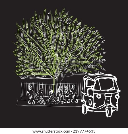Hand drawn illustration of Bajaj and prospective passengers. Bajaj is a three-wheeled short distance public transportation in the city of Jakarta