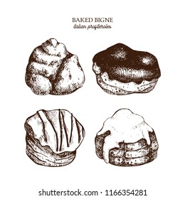 Hand drawn illustration of baked bigne.  Cream puffs or profiteroles sketches. Vector drawing of italian desserts on white background. Vintage food set for cafe or restaurant menu design.