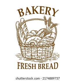 Hand drawn illustration of bakery basket with bread. Design element for poster, card, banner, emblem, sign. Vector illustration