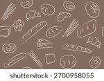 Hand drawn illustration of Bakery. Bread, loaf, baguette, bakery products, cinnabon, croissant. Abstract geometric line background. 