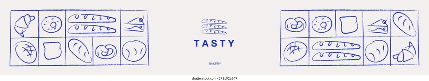 Dibujado a mano ilustración de panadería. Pan, pan, baguette, productos de panadería, canela, croissant. Fondo de línea geométrica Abstractas. Anuncio de Web.