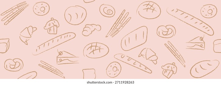 Dibujado a mano ilustración de panadería. Pan, pan, baguette, productos de panadería, canela, croissant. Fondo de línea geométrica Abstractas. Anuncio de Web.