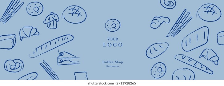 Dibujado a mano ilustración de panadería. Pan, pan, baguette, productos de panadería, canela, croissant. Fondo de línea geométrica Abstractas. Anuncio de Web.
