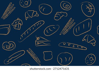 Hand drawn illustration of Bakery. Bread, loaf, baguette, bakery products, cinnabon, croissant. Abstract geometric line background. Web banner.
