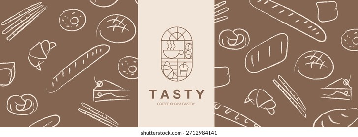 Dibujado a mano ilustración de panadería. Pan, pan, baguette, productos de panadería, canela, croissant. Fondo de línea geométrica Abstractas. Anuncio de Web.