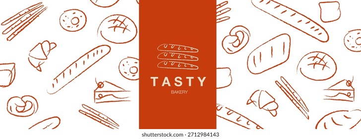 Dibujado a mano ilustración de panadería. Pan, pan, baguette, productos de panadería, canela, croissant. Fondo de línea geométrica Abstractas. Anuncio de Web