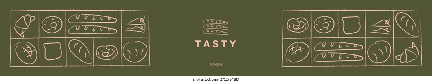 Dibujado a mano ilustración de panadería. Pan, pan, baguette, productos de panadería, canela, croissant. Fondo de línea geométrica Abstractas. Anuncio de Web.
