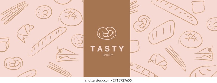 Dibujado a mano ilustración de panadería. Pan, pan, baguette, productos de panadería, canela, croissant. Fondo de línea geométrica Abstractas. Anuncio de Web.