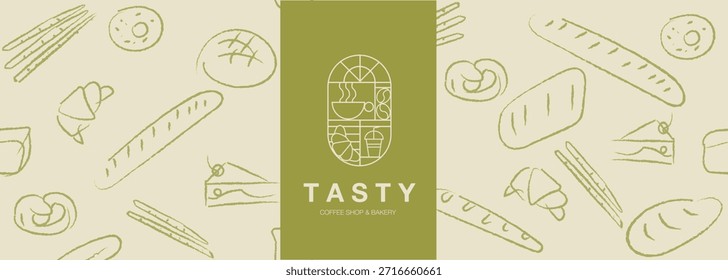 Dibujado a mano ilustración de panadería. Pan, pan, baguette, productos de panadería, canela, croissant. Fondo de línea geométrica Abstractas. Anuncio de Web.