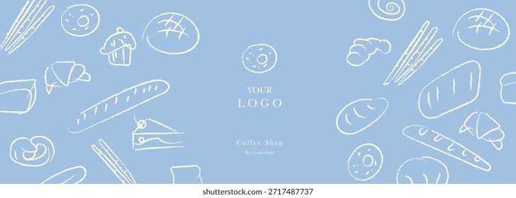 Dibujado a mano ilustración de panadería. Pan, pan, baguette, productos de panadería, canela, croissant. Fondo de línea geométrica Abstractas. Anuncio de Web.