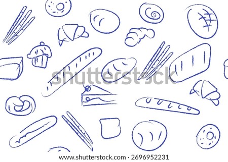 Hand drawn illustration of Bakery. Bread, loaf, baguette, bakery products, cinnabon, croissant. Abstract geometric line background. 