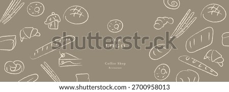 Hand drawn illustration of Bakery. Bread, loaf, baguette, bakery products, cinnabon, croissant. Abstract geometric line background. Web banner.