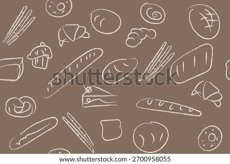 Hand drawn illustration of Bakery. Bread, loaf, baguette, bakery products, cinnabon, croissant. Abstract geometric line background. 