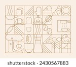Hand drawn illustration of Bakery and Coffee. Icons. Bread, bakery products,  dish, food processor, wheat. Abstract geometric line background. Gold luxury