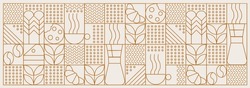 Hand Drawn Illustration Of Bakery And Coffee. Icons. Abstract Geometric Line Background. Gold Luxury. Pattern For Cover Design, Food Package, Menu, Background, Café Wall, Coffee Shop, Web Banner