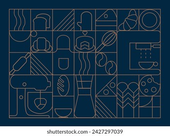 Hand drawn illustration of Bakery and Coffee. Icons. Bread, bakery products,  dish, food processor, wheat. Abstract geometric line background. Gold luxury