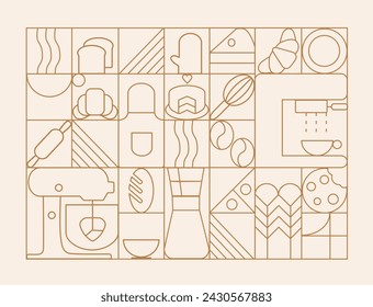 Hand drawn illustration of Bakery and Coffee. Icons. Bread, bakery products,  dish, food processor, wheat. Abstract geometric line background. Gold luxury